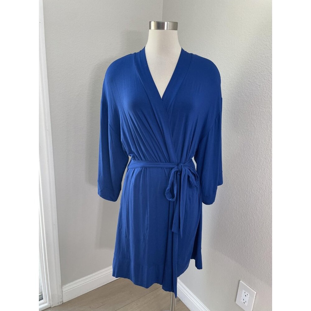 NEW Soma Robe Womens Medium Blue Cool Nights Sheer Lace Back Short Kimono Belted
